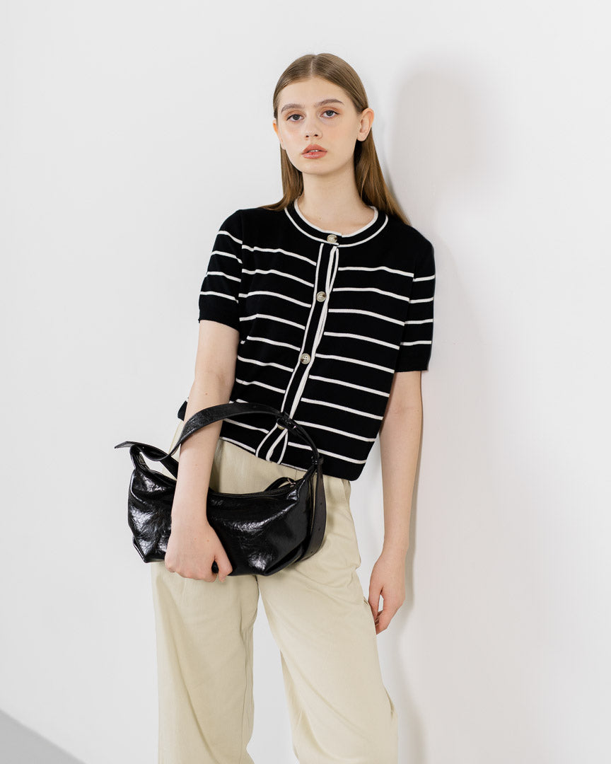 Olave Striped Knit Button Black Top – Baju Atasan Casual Wanita