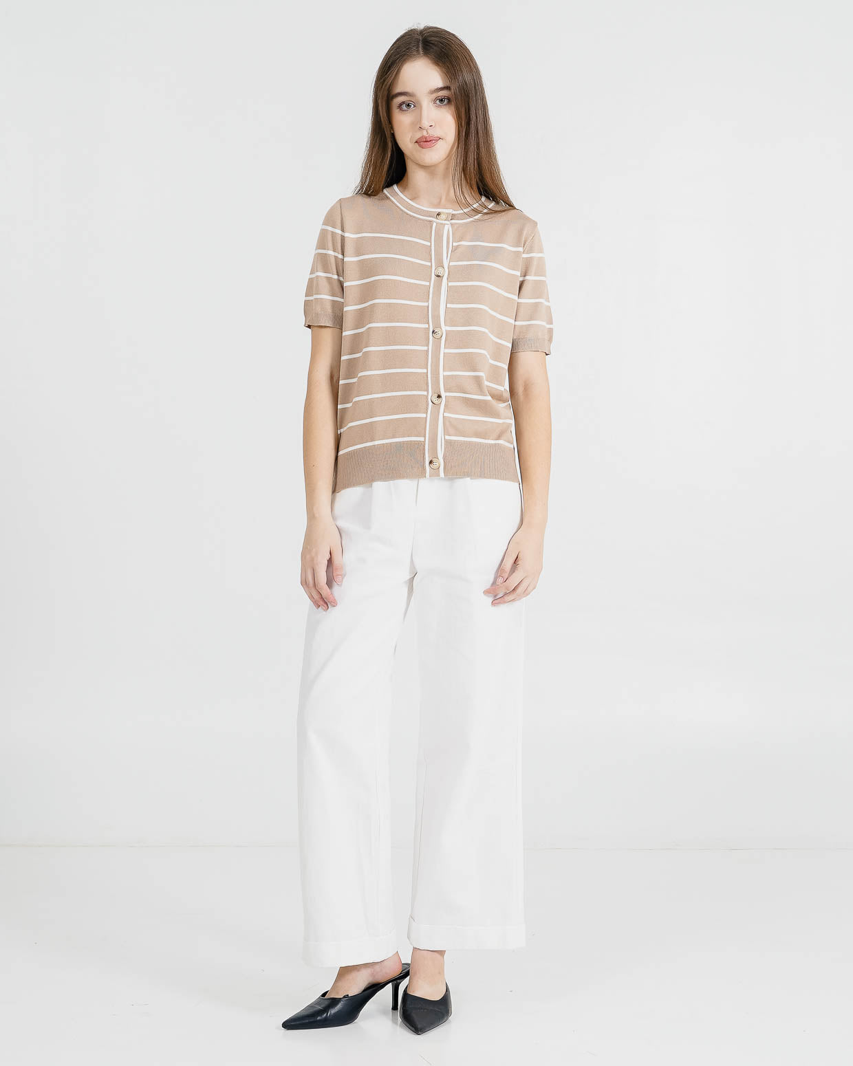 Olave Striped Knit Button Brown Top – Baju Atasan Wanita Casual