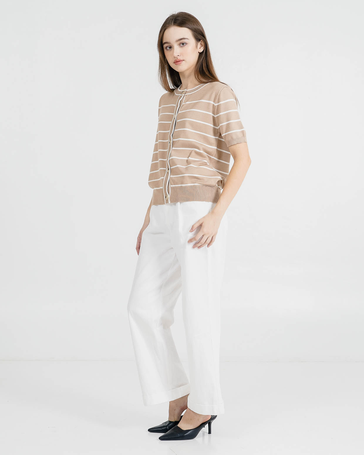 Olave Striped Knit Button Brown Top – Baju Atasan Wanita Casual