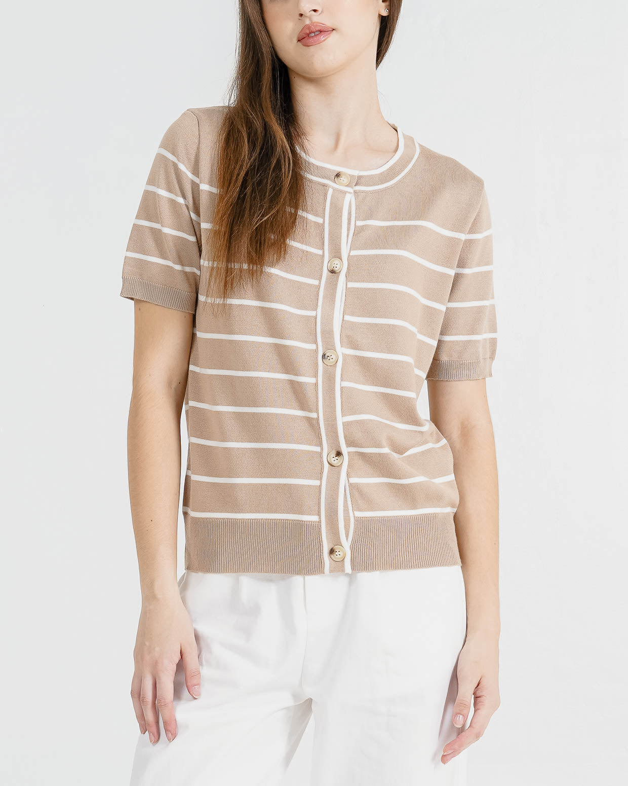 Olave Striped Knit Button Brown Top – Baju Atasan Wanita Casual