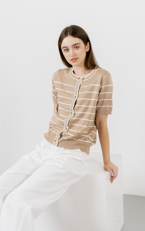 Olave Striped Knit Button Brown Top – Baju Atasan Wanita Casual