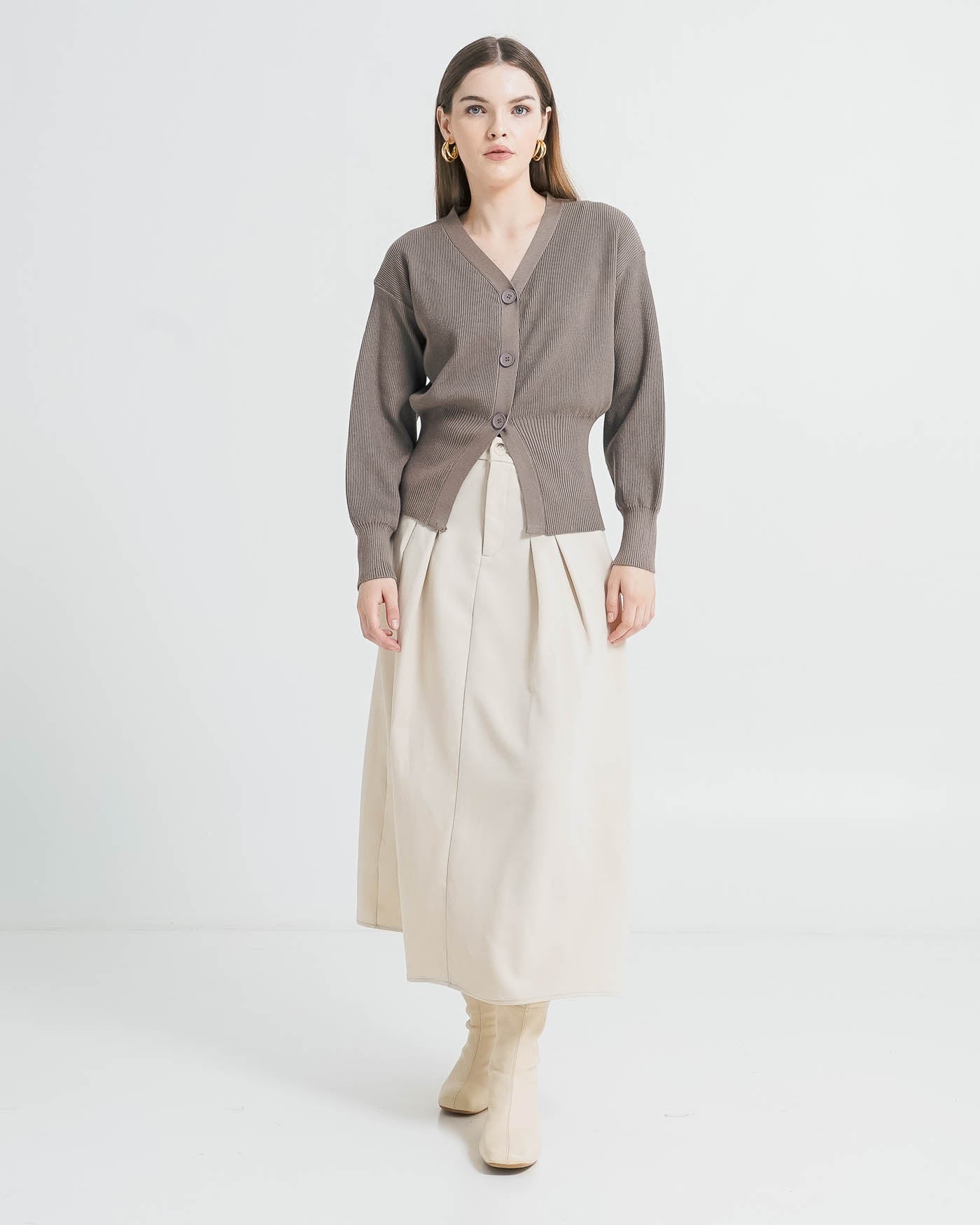 Rowan Waist Fitted Knit Taupe Top – Atasan Cardigan Lengan Panjang Wanita