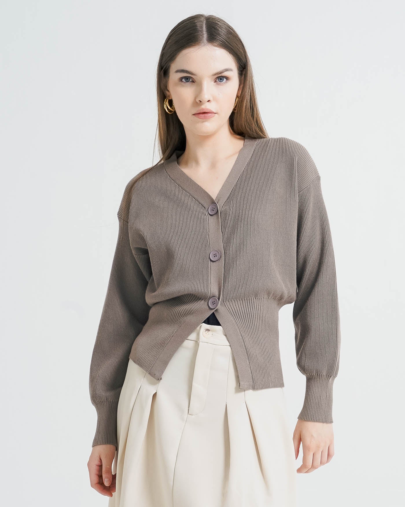 Rowan Waist Fitted Knit Taupe Top – Atasan Cardigan Lengan Panjang Wanita