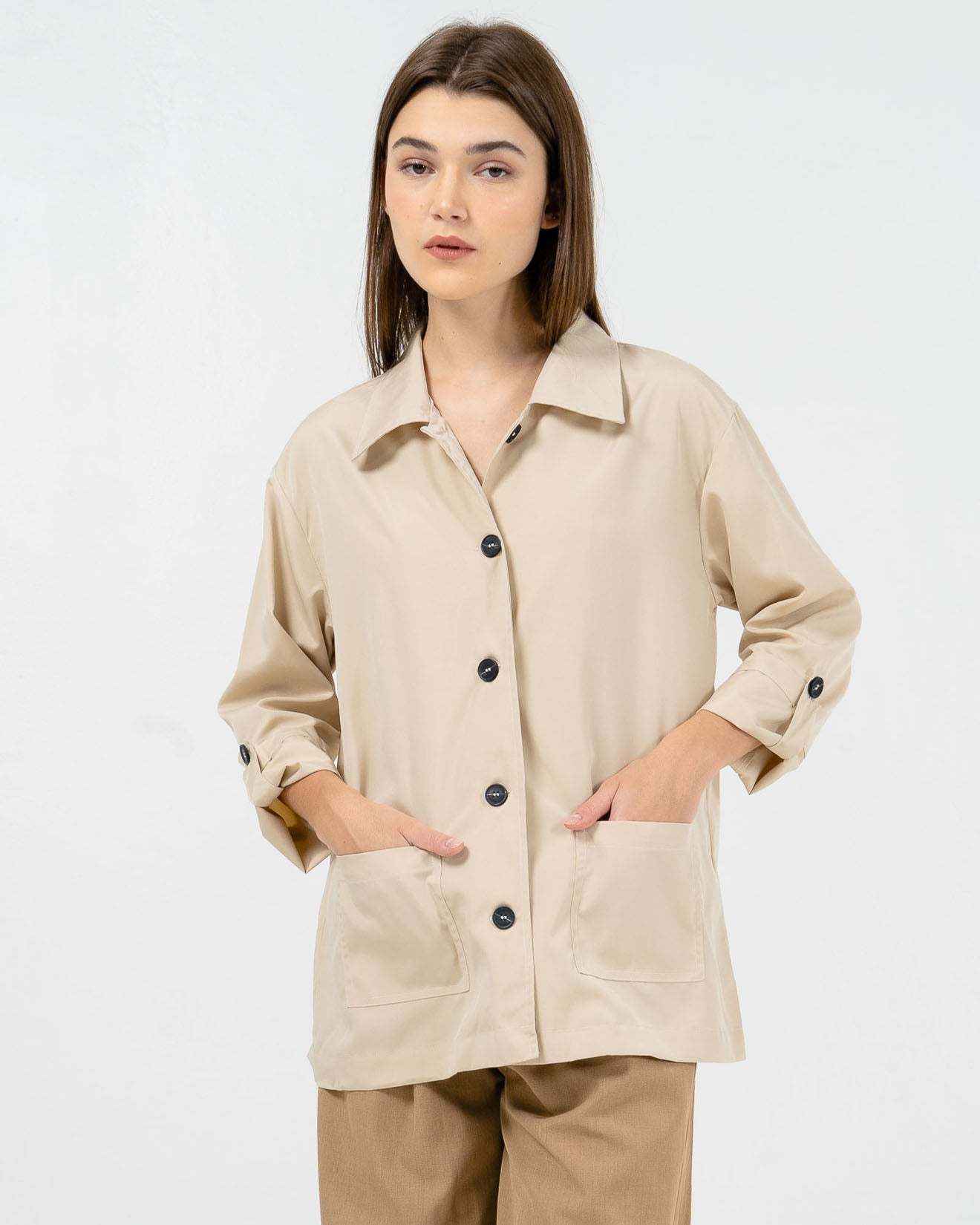 Hanah Oversized Nylon Brown Outer – Baju Atasan Wanita Lengan Panjang