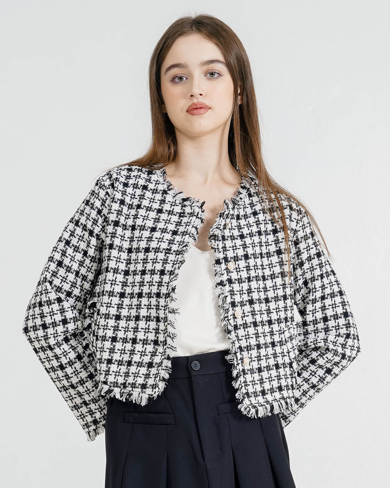 Suri Tweed Black Outer – Kemeja Casual Wanita Kekinian