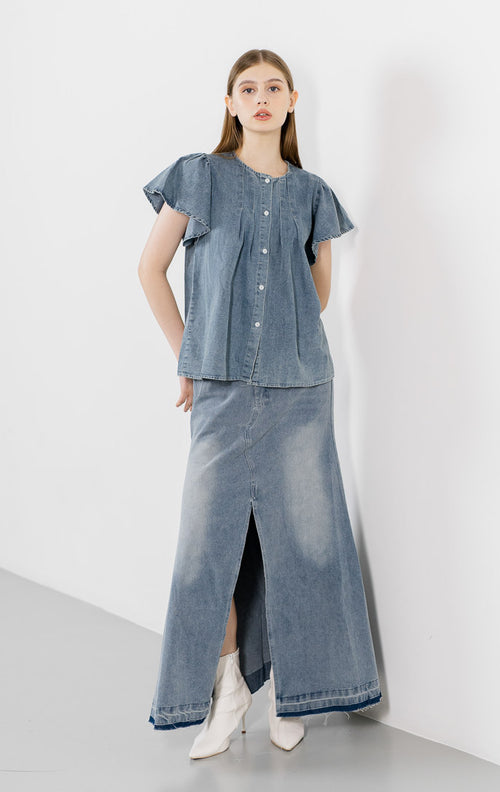 Astrid Denim Ruffle Top – Blouse Wanita Casual