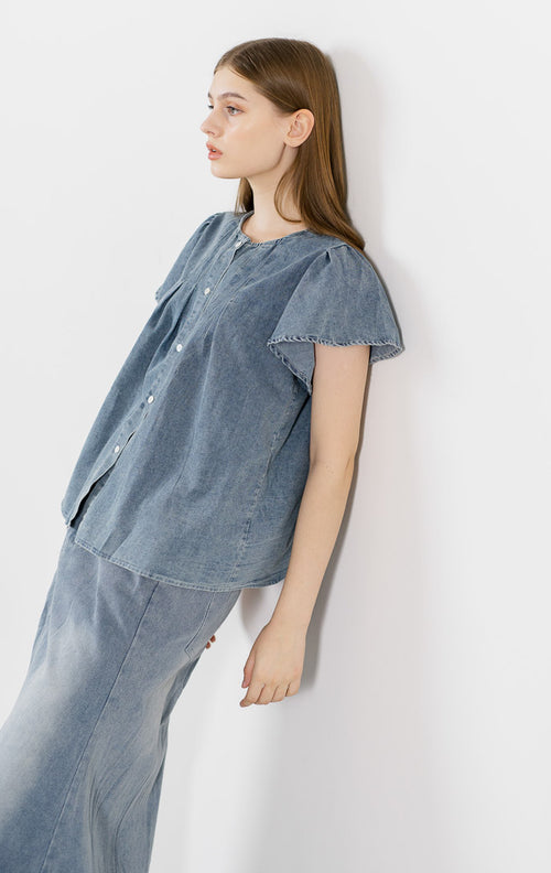 Astrid Denim Ruffle Top – Blouse Wanita Casual