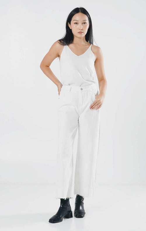 Santino Fringed Wide Leg White Denim Pants – Celana Kulot Wanita Casual