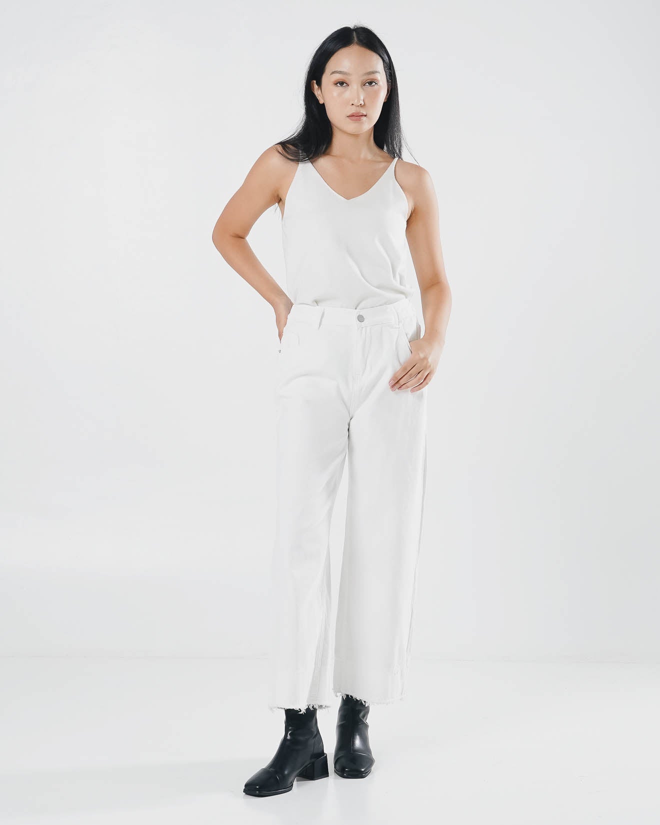 Santino Fringed Wide Leg White Denim Pants – Celana Kulot Wanita Casual