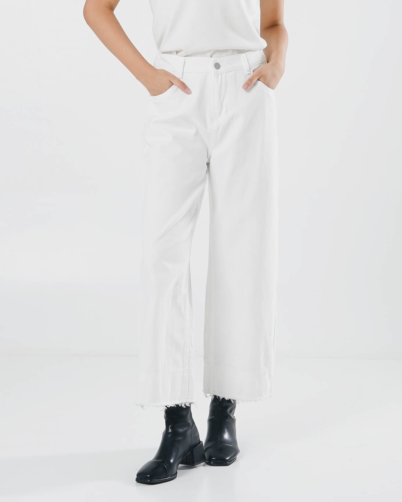 Santino Fringed Wide Leg White Denim Pants – Celana Kulot Wanita Casual