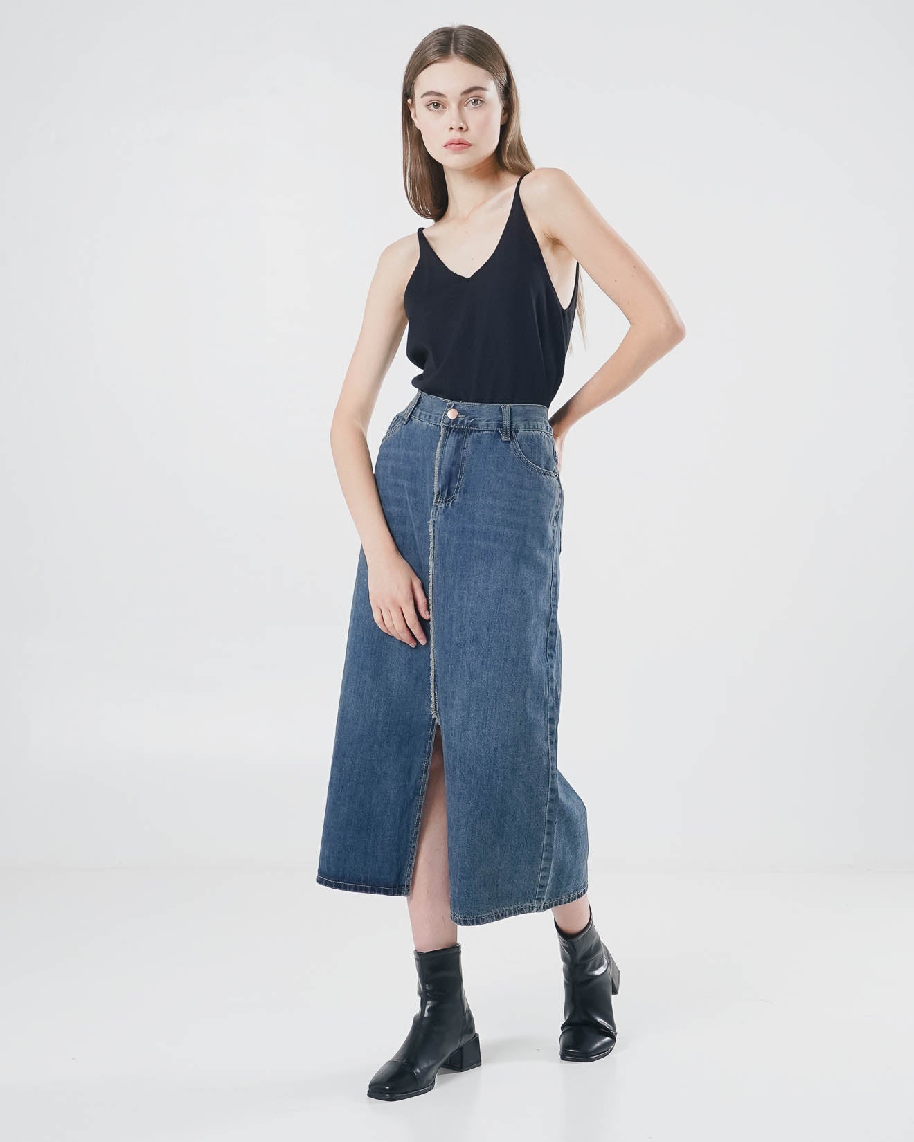 Delaney A-Line Fringed Denim Skirt - Rok Kekinian Wanita ( RESTOCK )