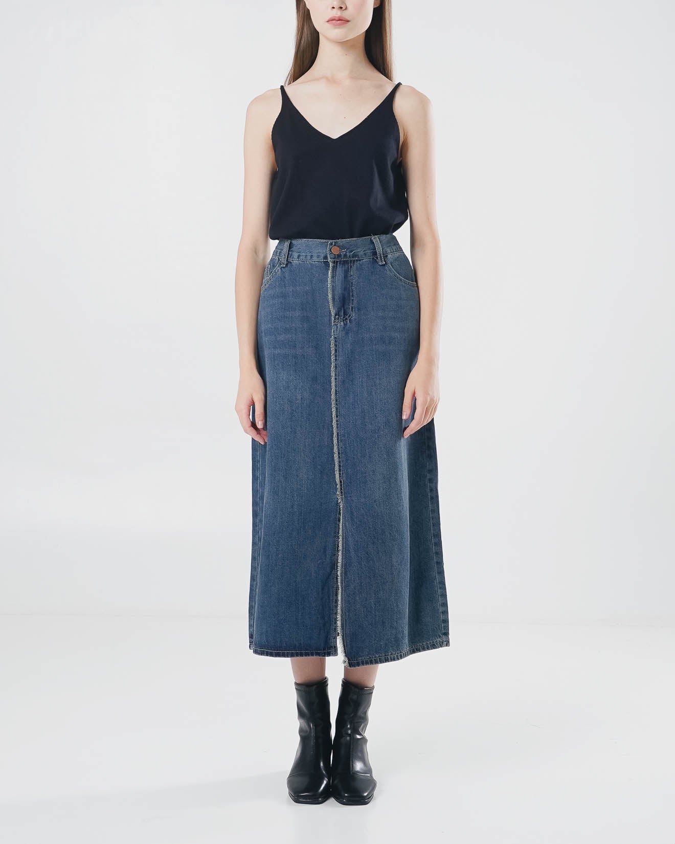 Delaney A-Line Fringed Denim Skirt - Rok Kekinian Wanita ( RESTOCK )