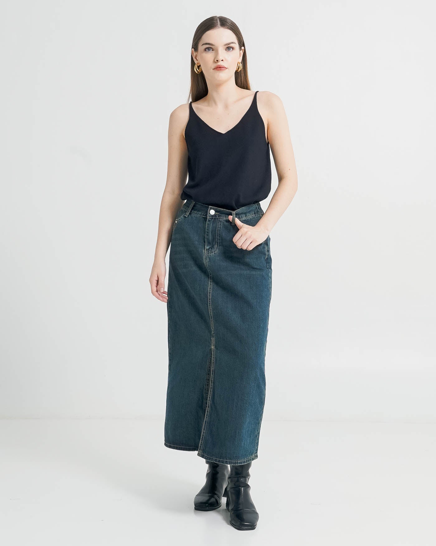 Jerico Slit A-Line Dark Denim Skirt – Rok Denim Wanita Kekinian