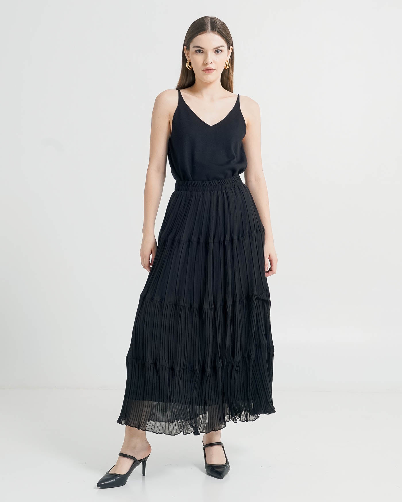 Renata Tiered Pleated Black Skirt – Rok Maxi Wanita Kekinian