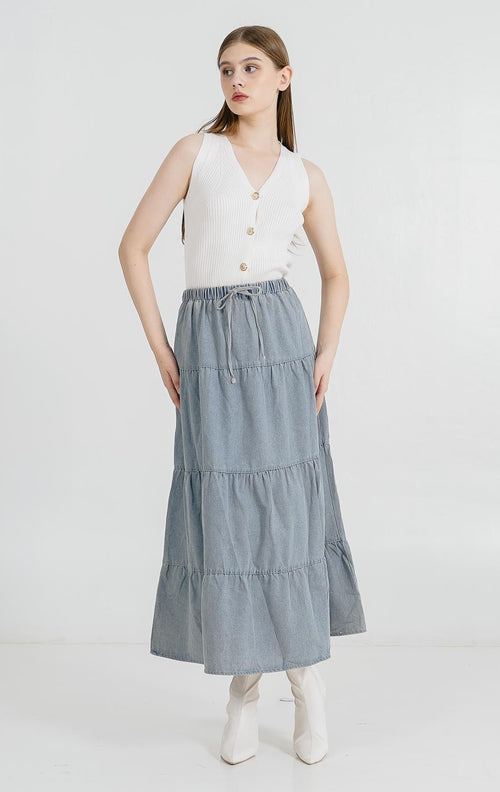 Kinsley Tiered Light Denim Skirt – Rok Panjang Jeans Wanita Kekinian