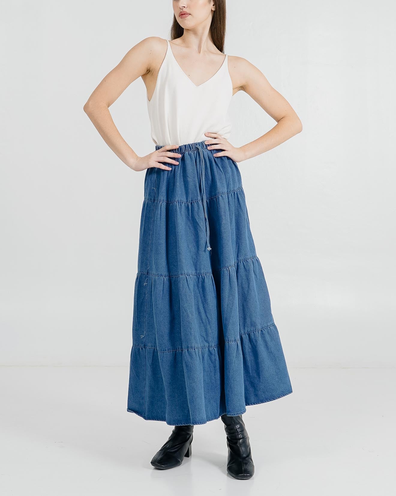 Kinsley Tiered Dark Denim Skirt –  Rok Wanita Kekinian