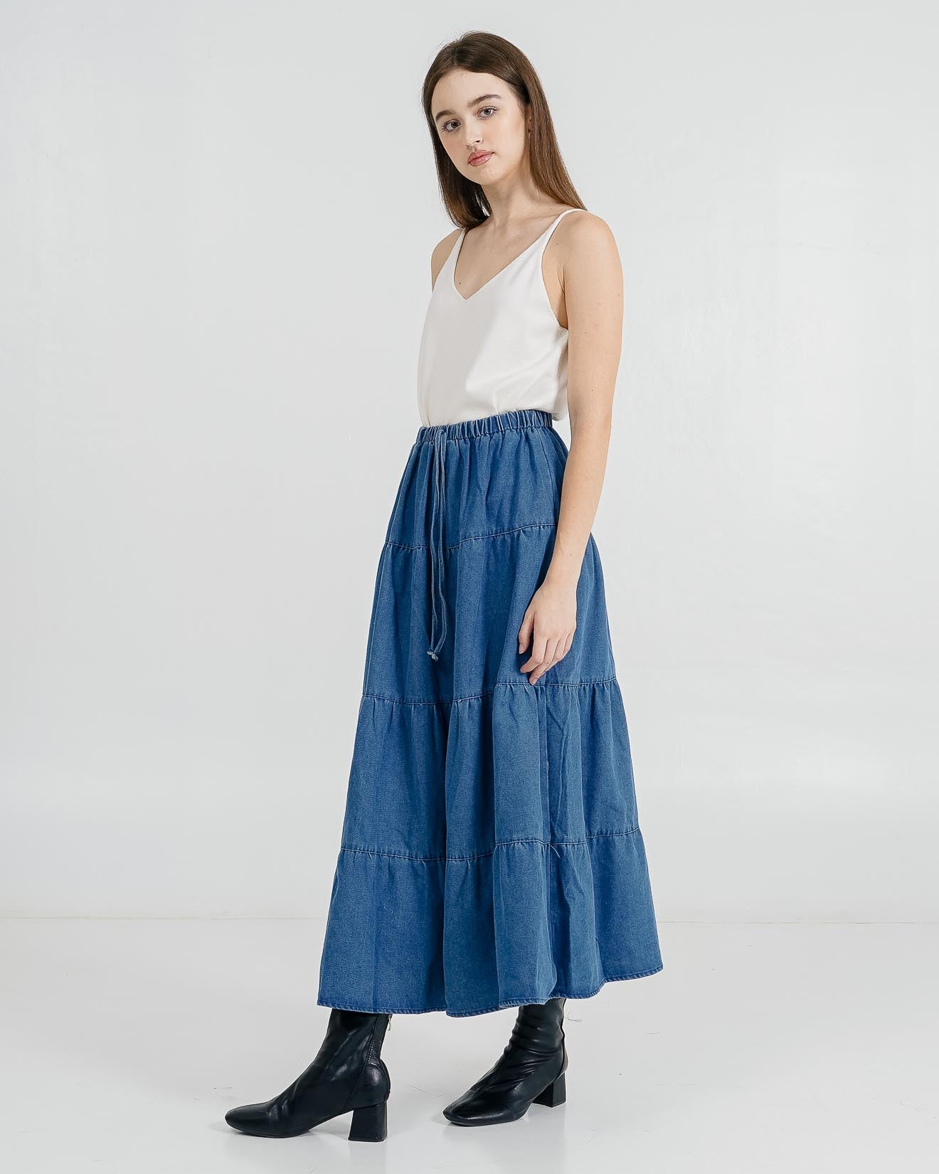 Kinsley Tiered Dark Denim Skirt –  Rok Wanita Kekinian