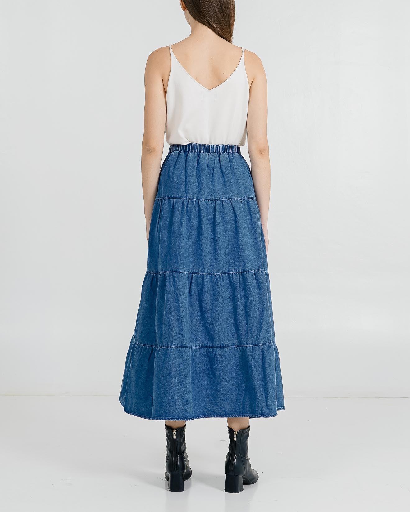 Kinsley Tiered Dark Denim Skirt –  Rok Wanita Kekinian