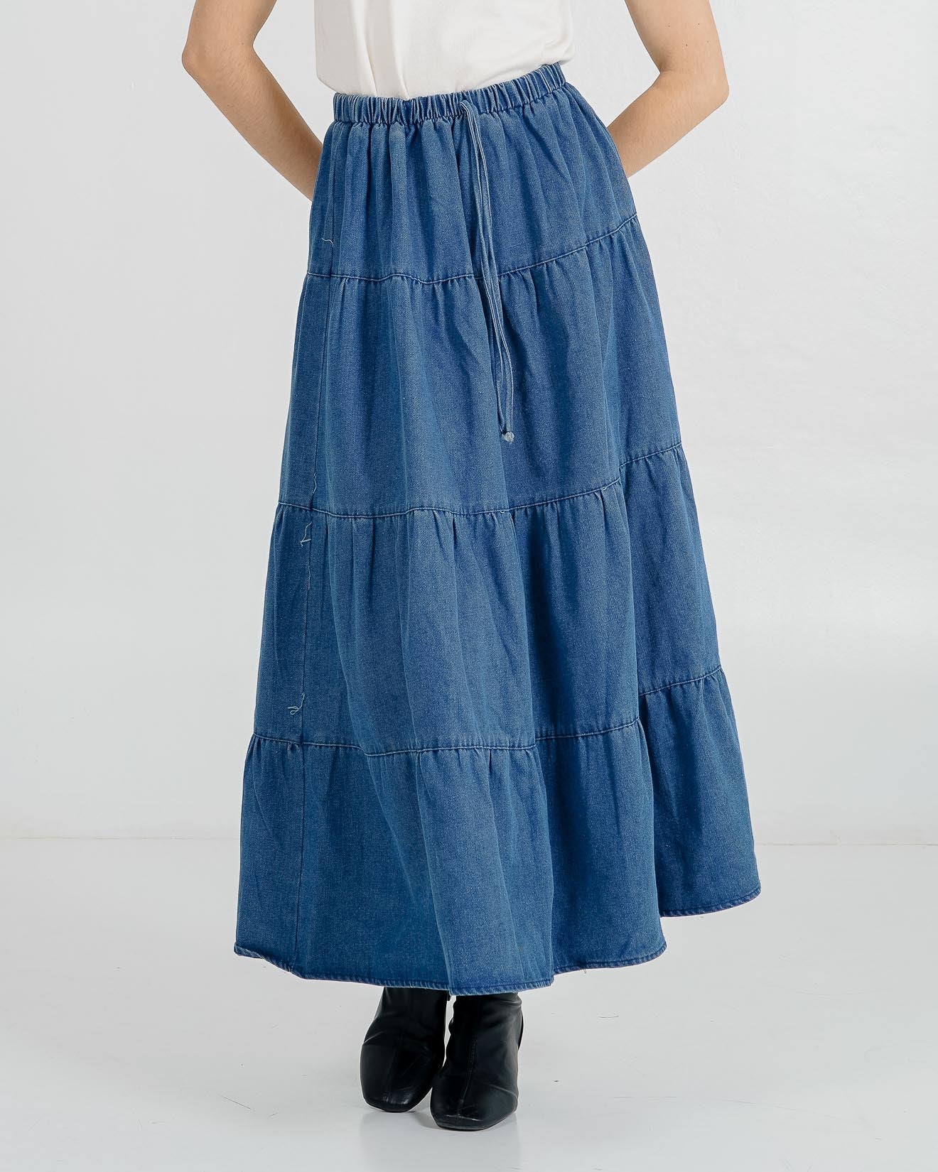 Kinsley Tiered Dark Denim Skirt –  Rok Wanita Kekinian