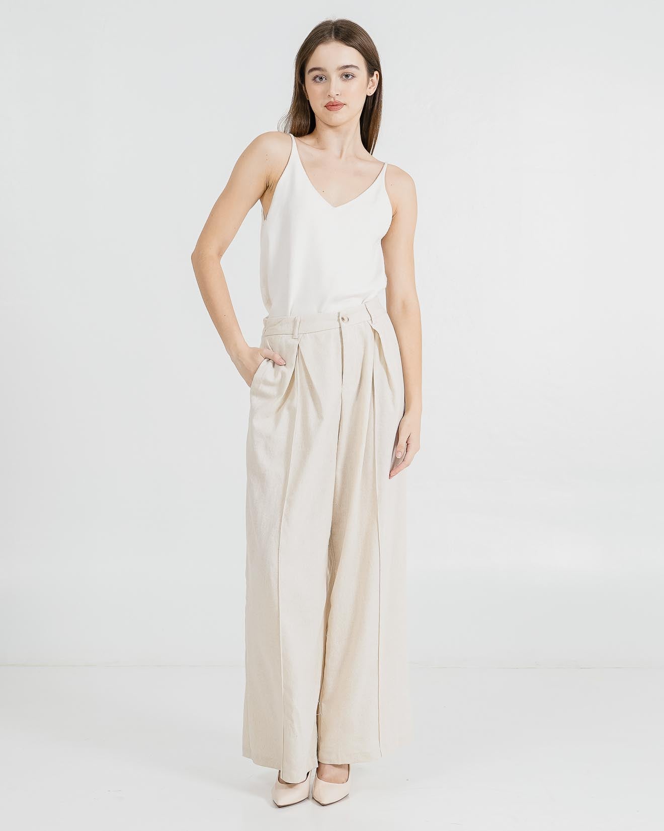 Reynold Linen Wide Leg Ivory Pants – Celana kulot Wanita Casual