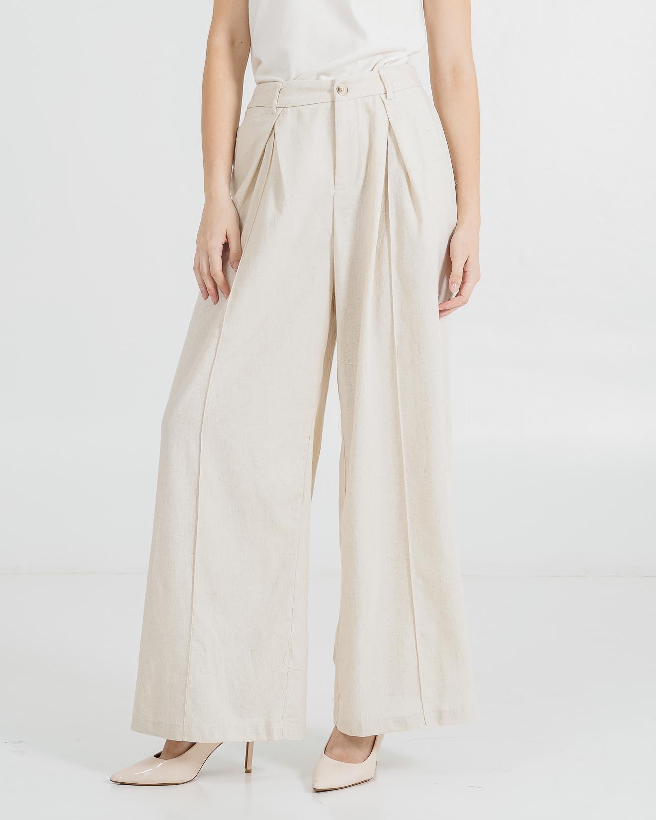 Reynold Linen Wide Leg Ivory Pants – Celana kulot Wanita Casual