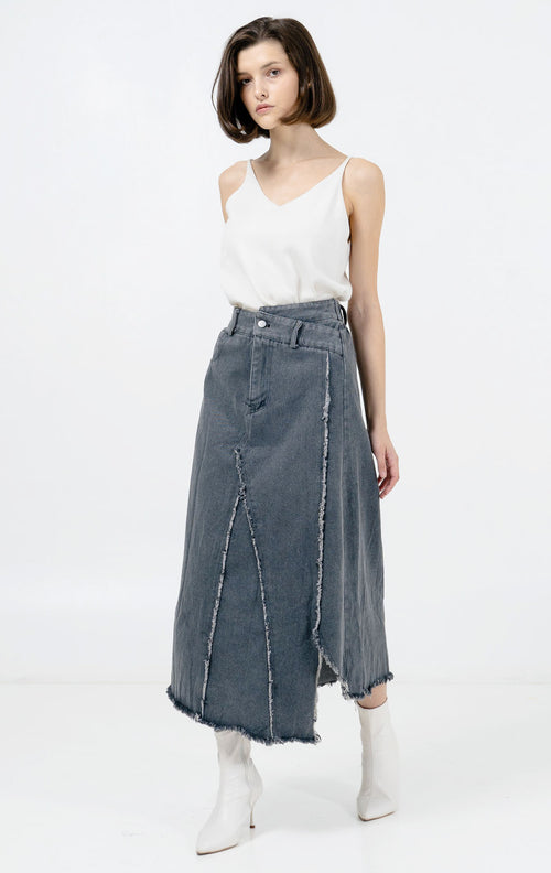 Wanda Fringed Denim Skirt Black Denim - Rok Jeans Wanita Kekinian