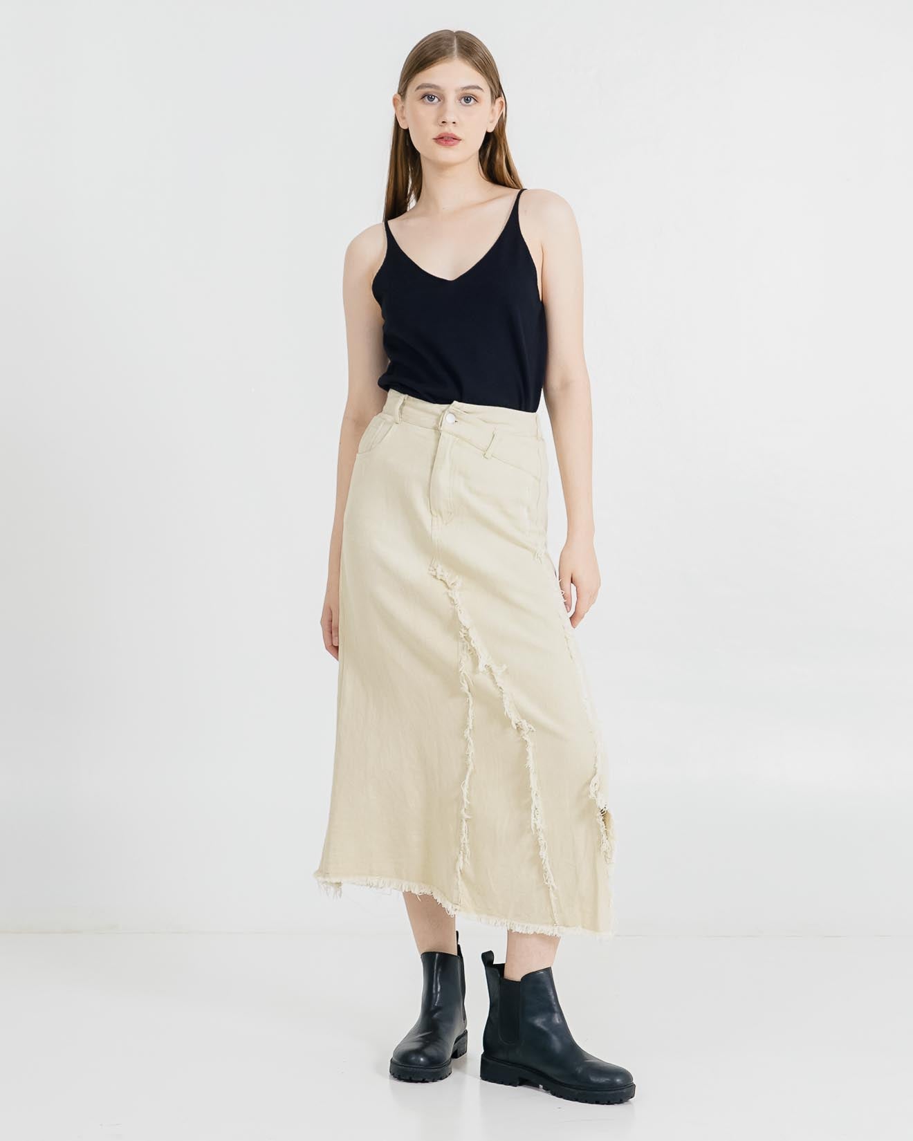 Wanda Fringe Long Ivory Skirt – Rok Casual Wanita