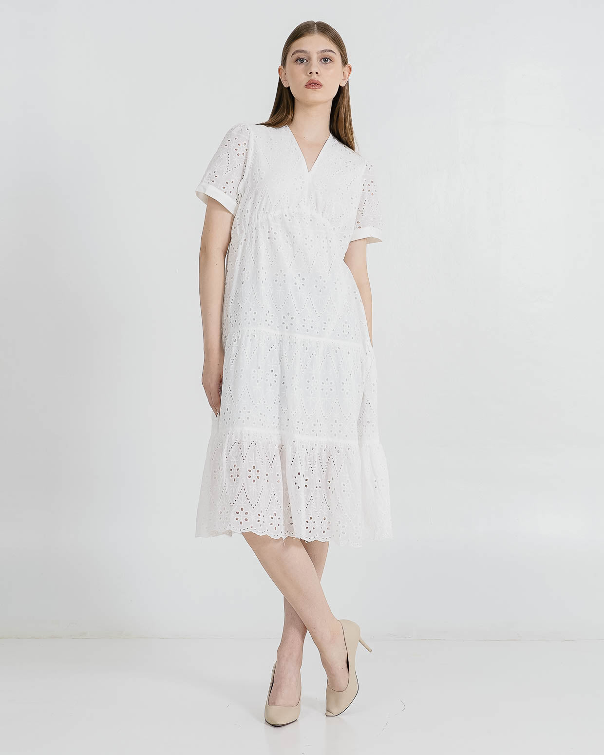 Sylvia Crochet White Dress – Gaun Midi Wanita Casual