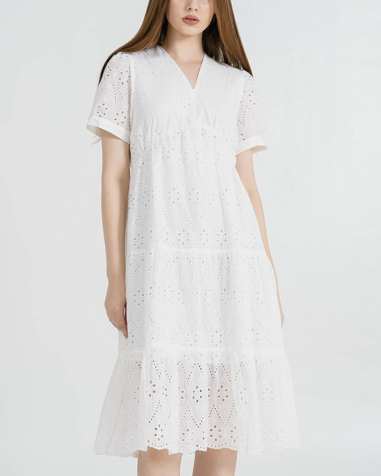 Sylvia Crochet White Dress – Gaun Midi Wanita Casual