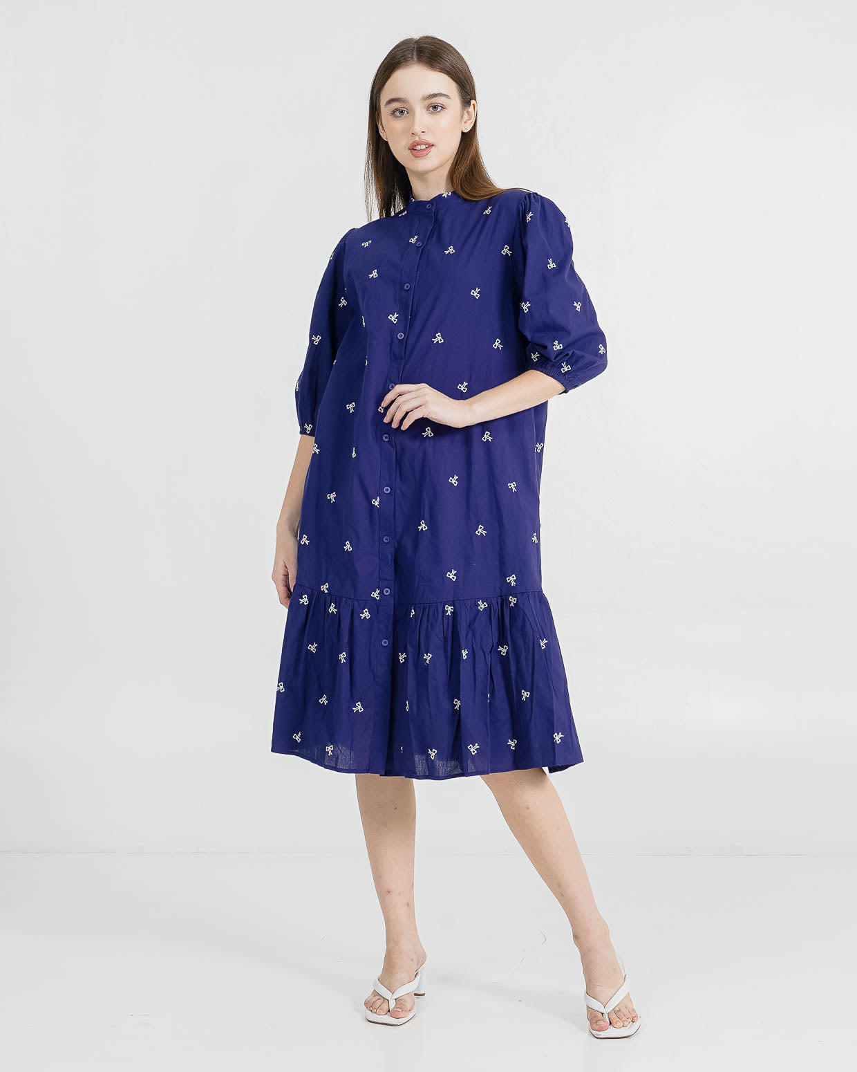 Ribbon Embroidery Long Navy Dress – Gaun Wanita Kekinian