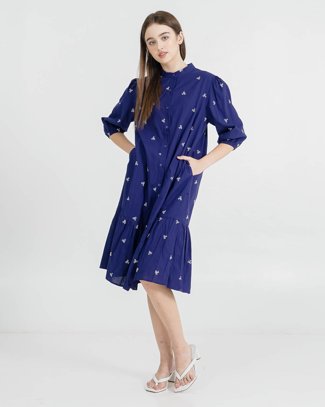 Ribbon Embroidery Long Navy Dress – Gaun Wanita Kekinian