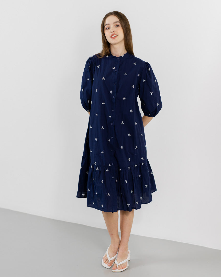 Ribbon Embroidery Long Navy Dress – Gaun Wanita Kekinian