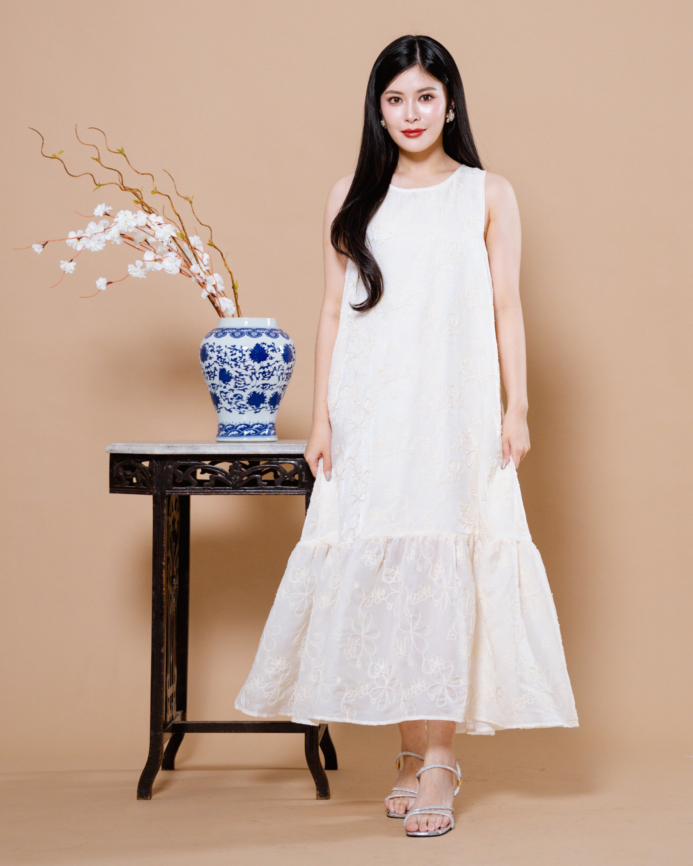 CNY Feathers Dress Ivory