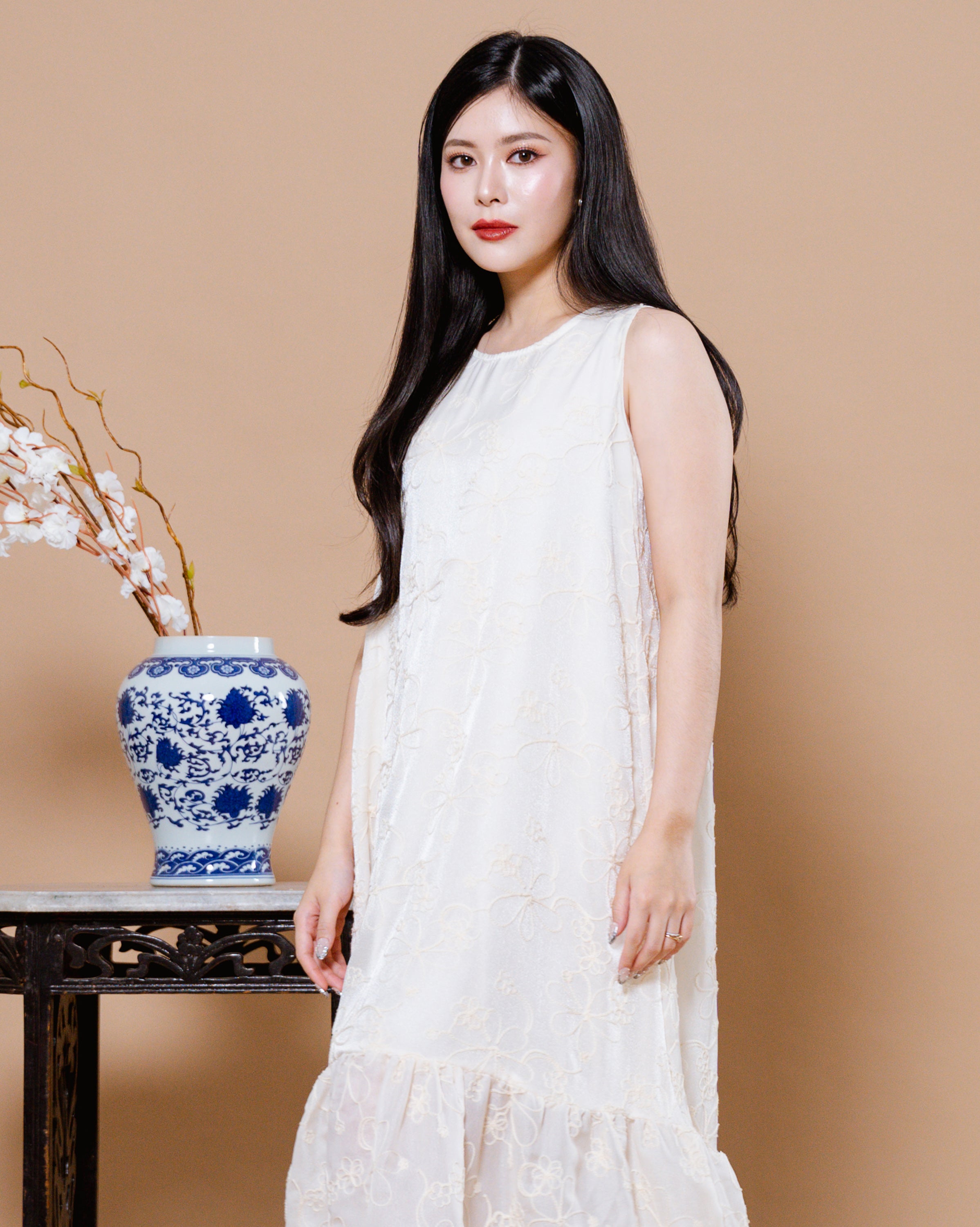 CNY Feathers Dress Ivory