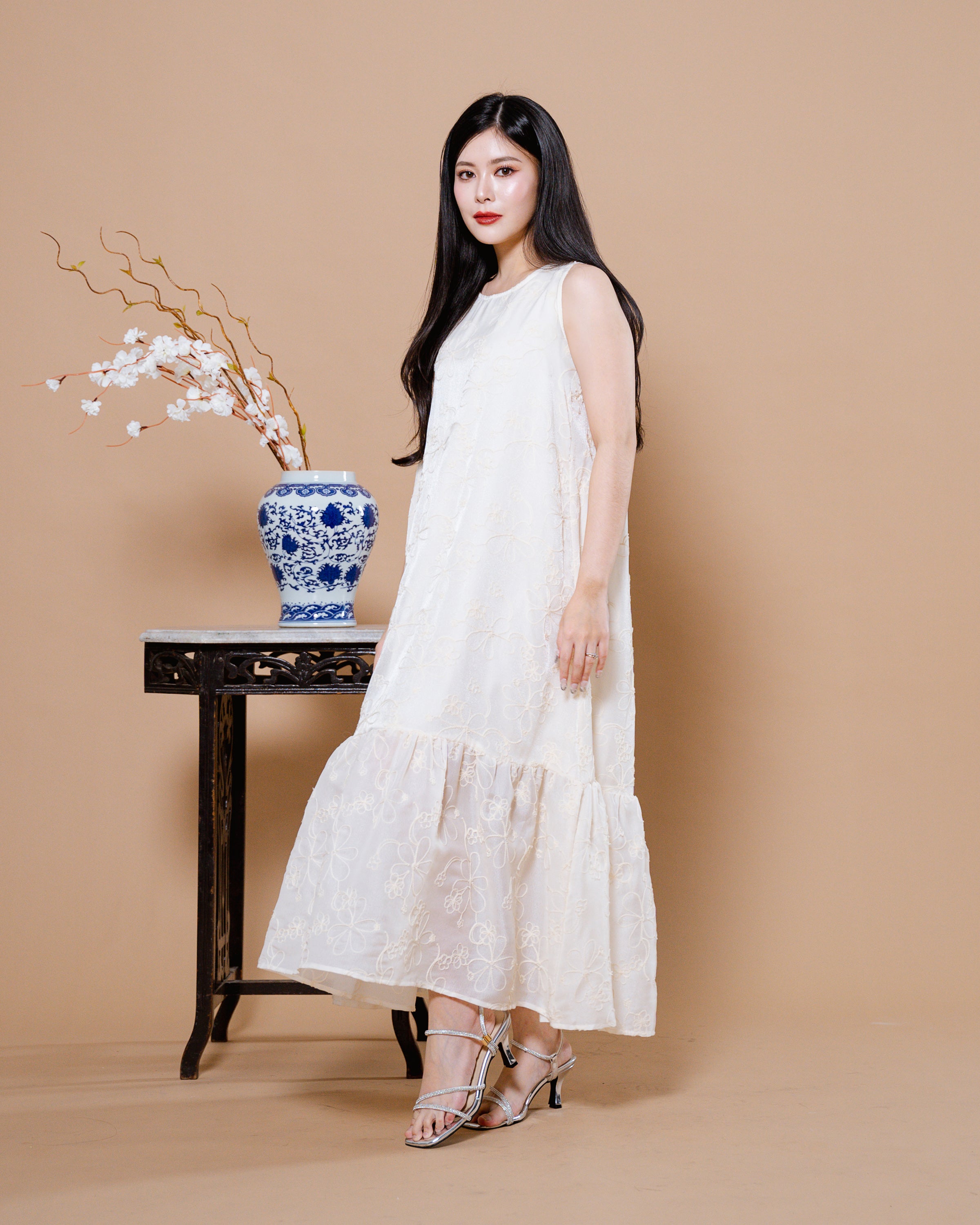 CNY Feathers Dress Ivory