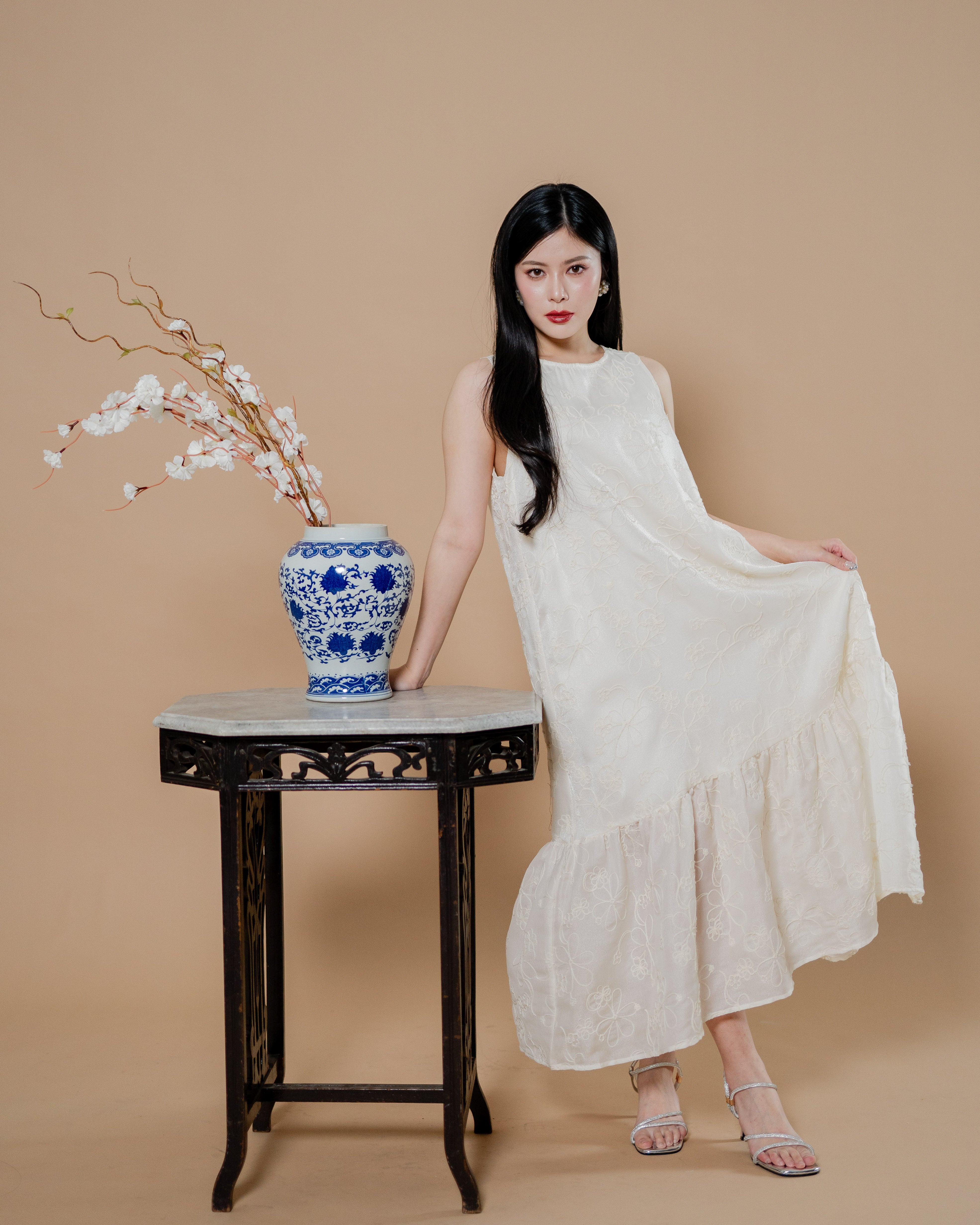 CNY Feathers Dress Ivory