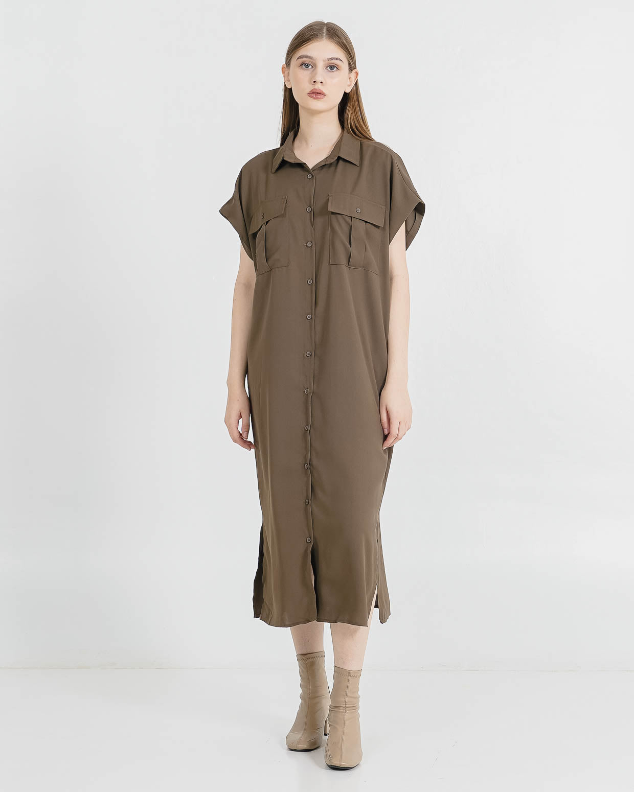 Shona Shirt Brown Dress – Midi Dress Wanita Kekinian