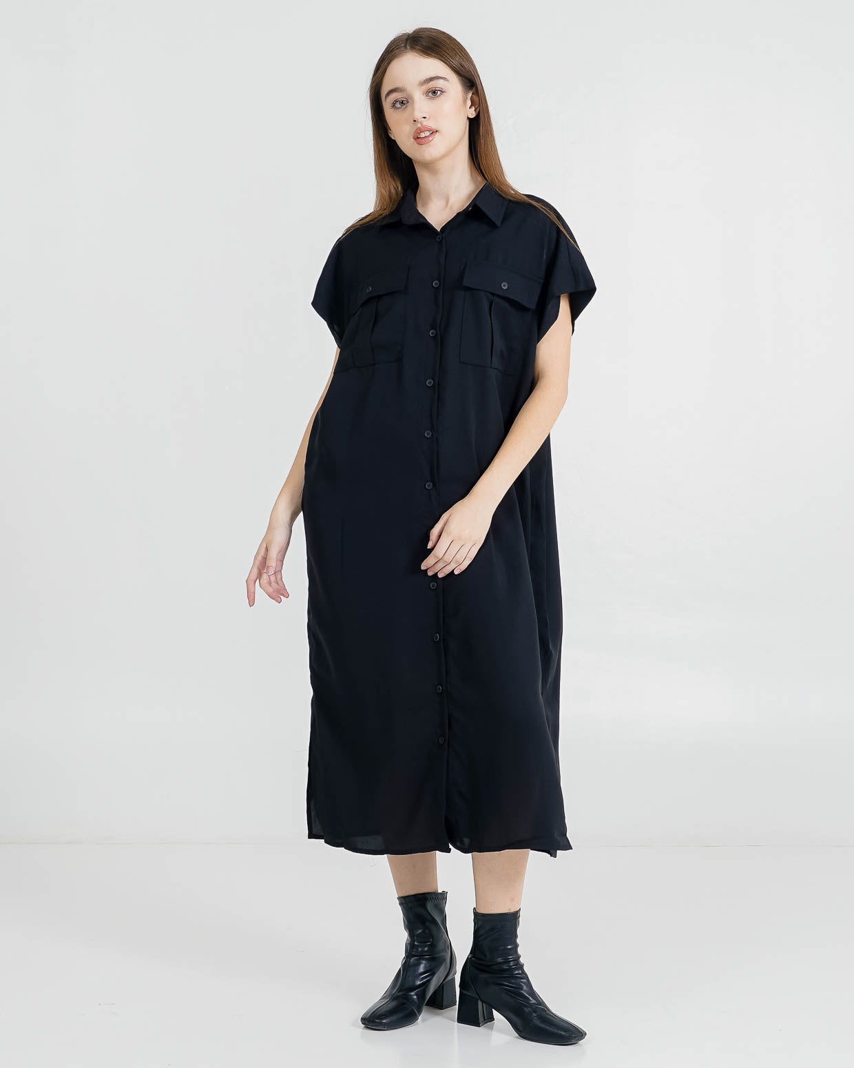 Shona Shirt Black Dress – Gaun Midi Wanita Kekinian