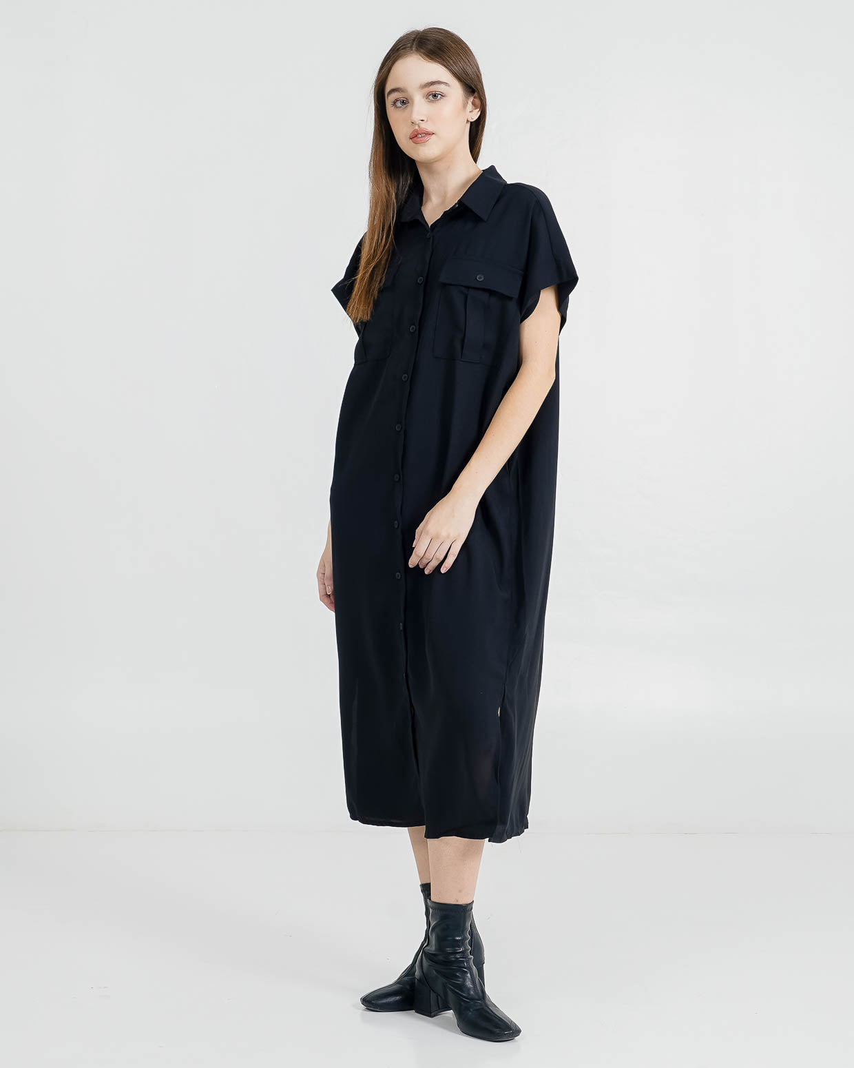 Shona Shirt Black Dress – Gaun Midi Wanita Kekinian