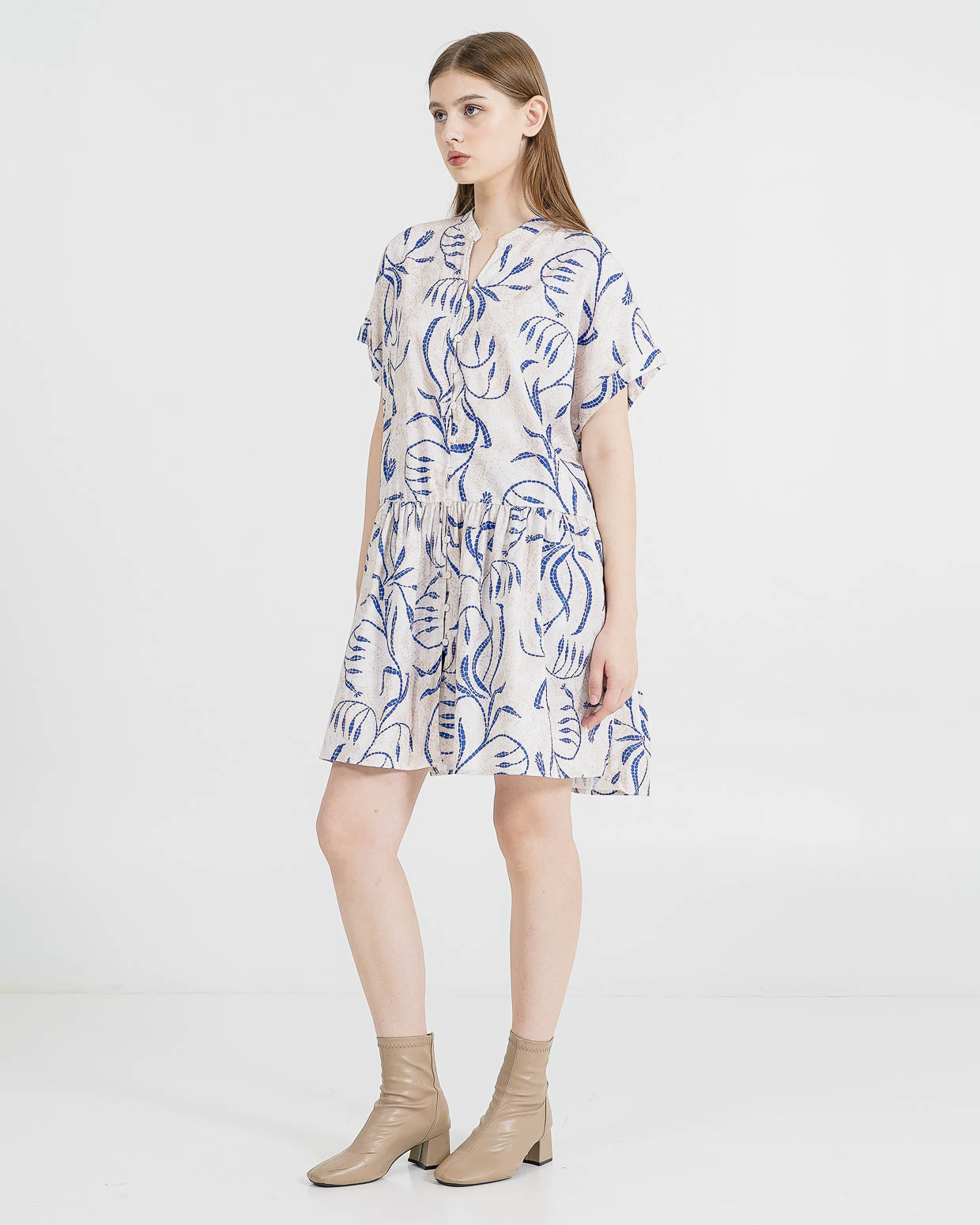 Araceline Printed Blue Dress - Gaun Wanita Kekinian Lengan Pendek