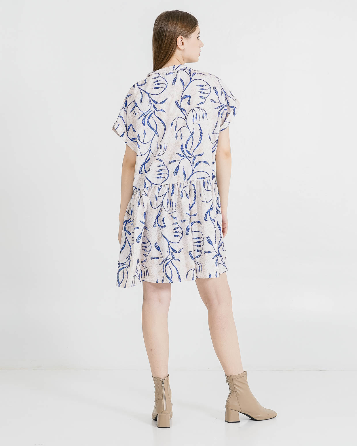 Araceline Printed Blue Dress - Gaun Wanita Kekinian Lengan Pendek