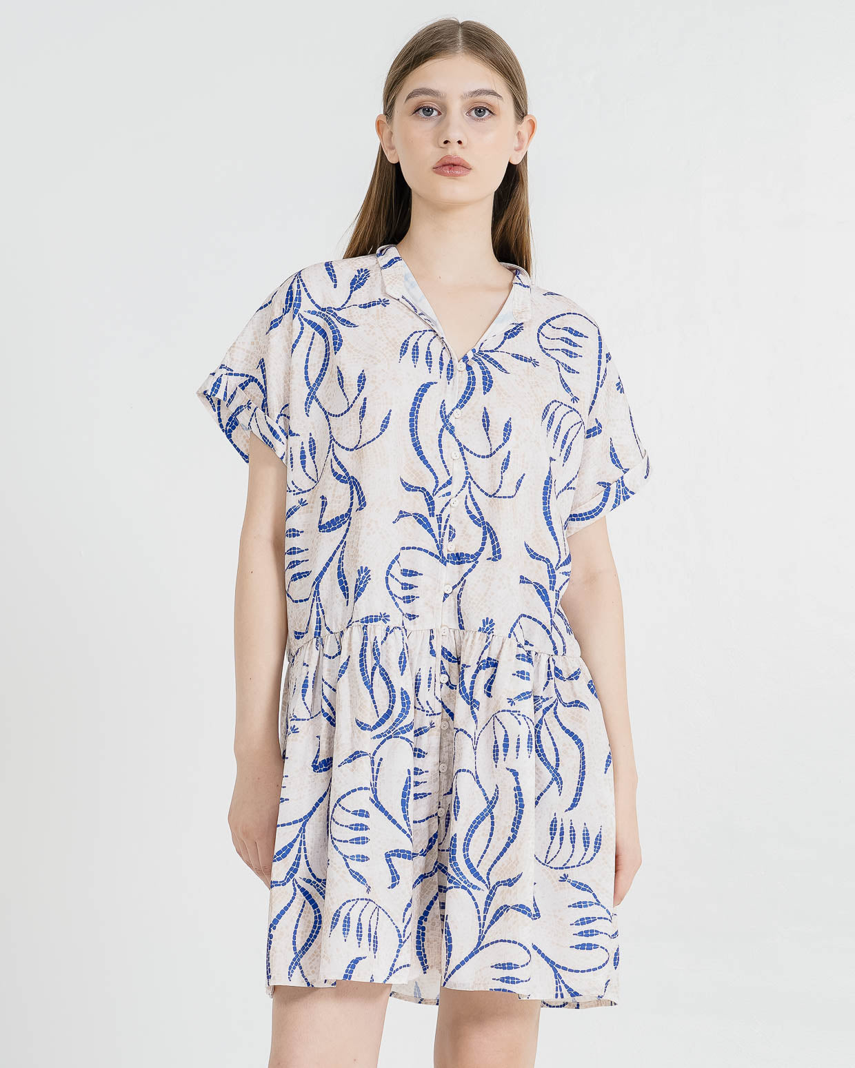 Araceline Printed Blue Dress - Gaun Wanita Kekinian Lengan Pendek