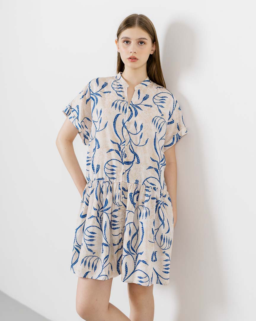 Araceline Printed Blue Dress - Gaun Wanita Kekinian Lengan Pendek