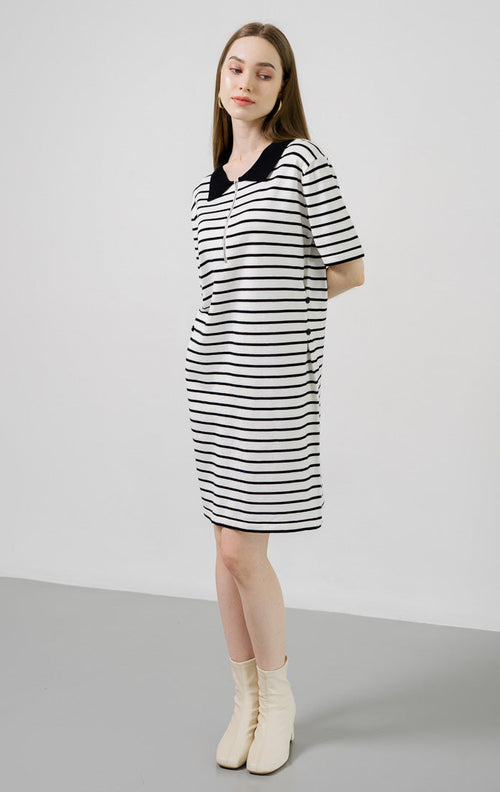 Audrey Zipper Knit White Dress – Dress Wanita Striped Lengan Pendek