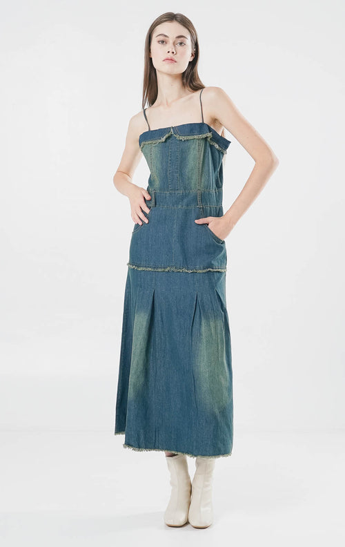 Katarina Fringed Strap Denim Dress –  Gaun Wanita Kekinian