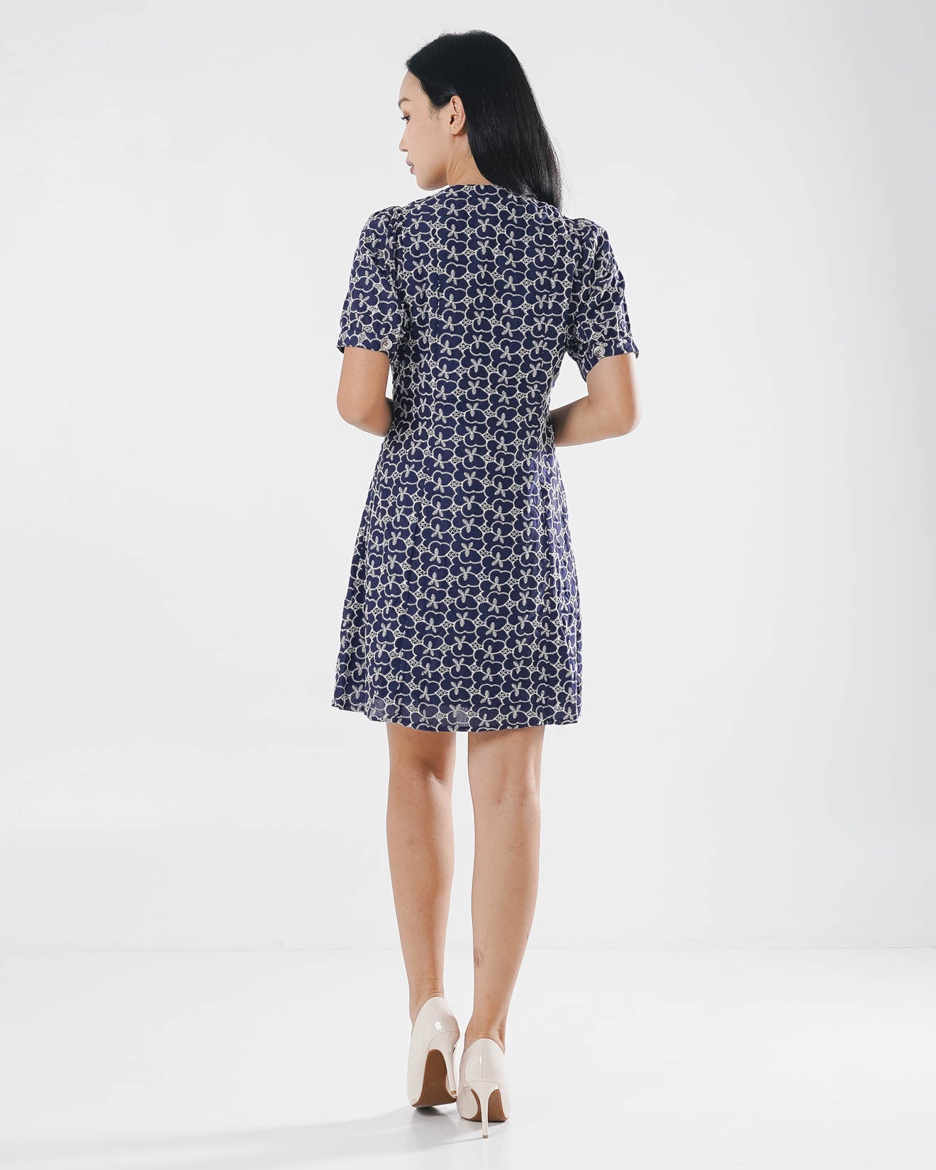 Clementine Embroidery Navy Dress –  Gaun Midi Wanita Kekinian