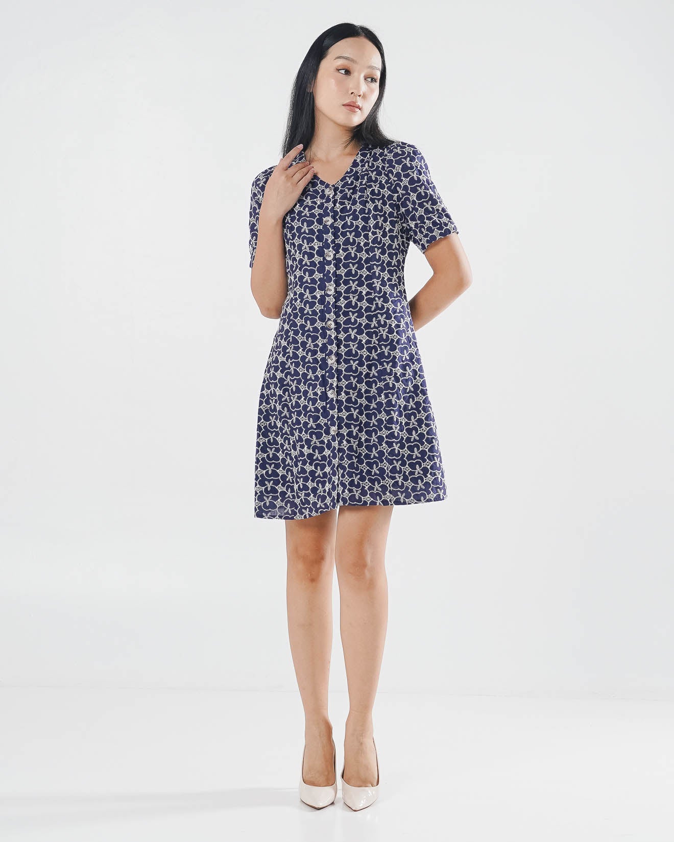 Clementine Embroidery Navy Dress –  Gaun Midi Wanita Kekinian