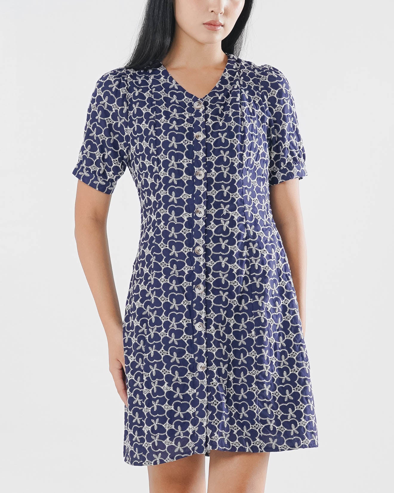 Clementine Embroidery Navy Dress –  Gaun Midi Wanita Kekinian