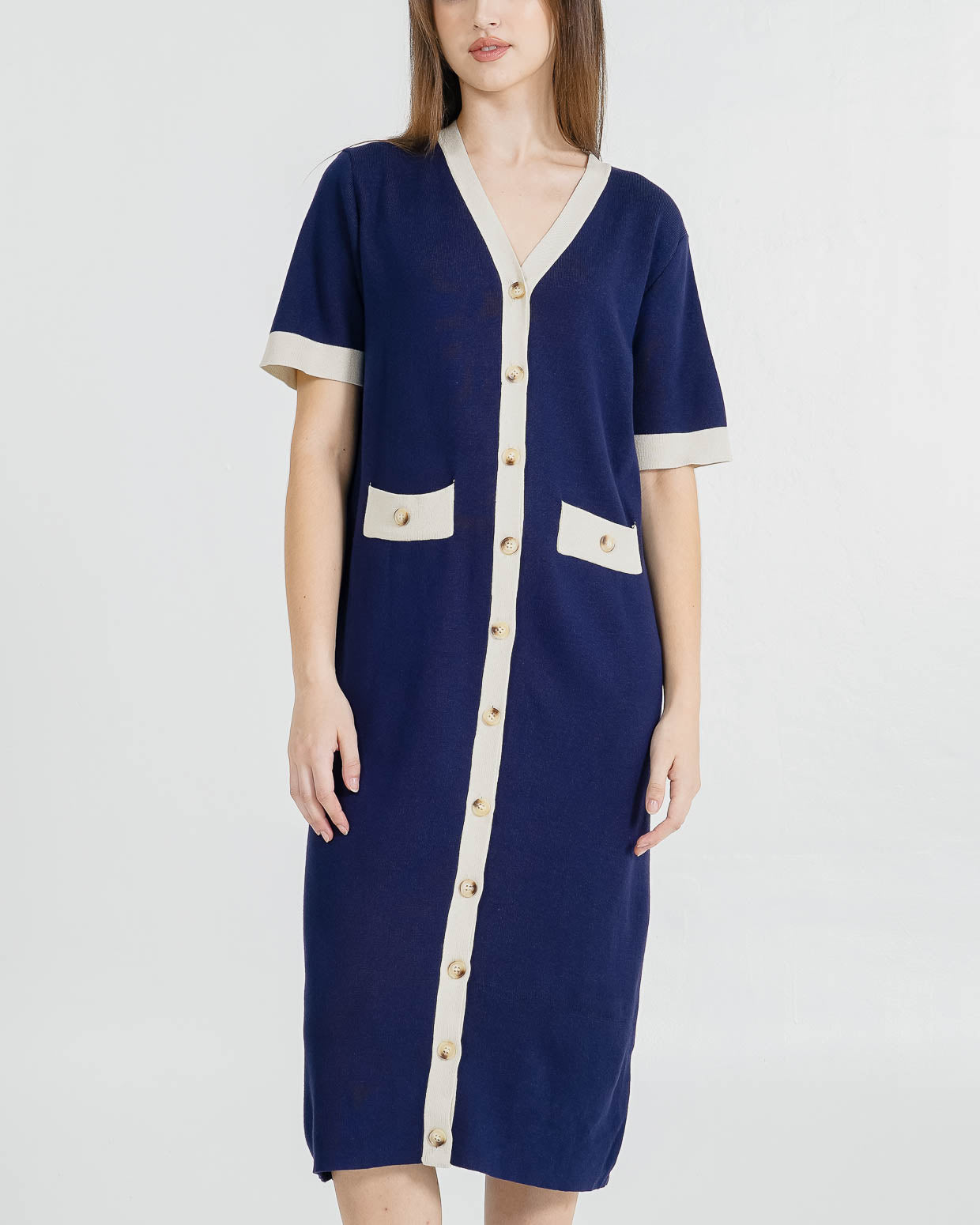 Riley Button Knit Navy Dress – Gaun Midi Wanita Kekinian