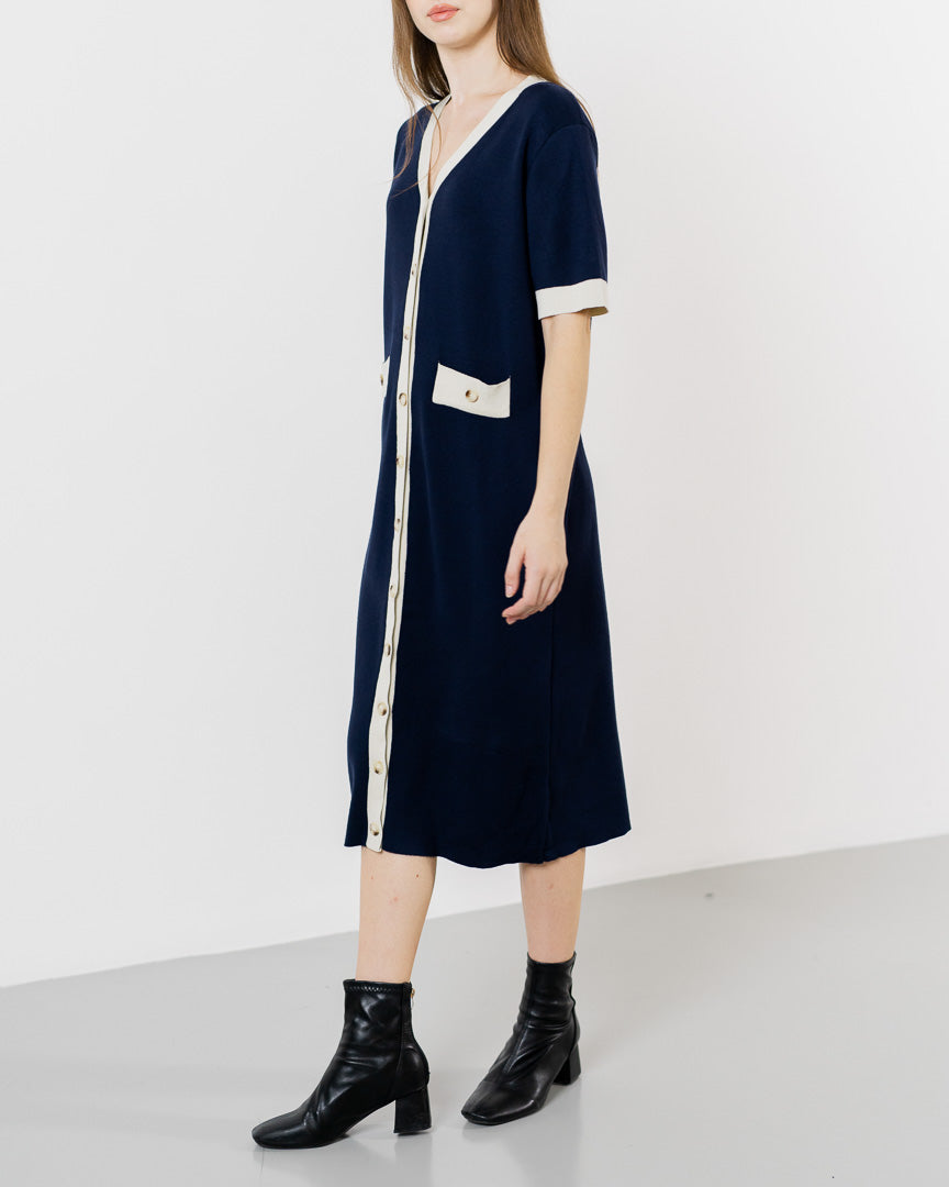 Riley Button Knit Navy Dress – Gaun Midi Wanita Kekinian